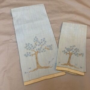 Vintage Embroidered Tree Linen Hand Towels Set of 2 Pale Blue Beige Trim